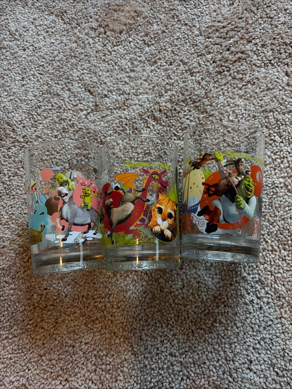 Complete Set of 3 McDonald's 2007 Shrek the Third Glass Collector Cups - MINT